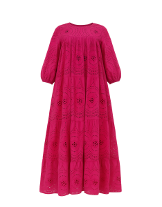 Robe longue brodée en coton fuchsia